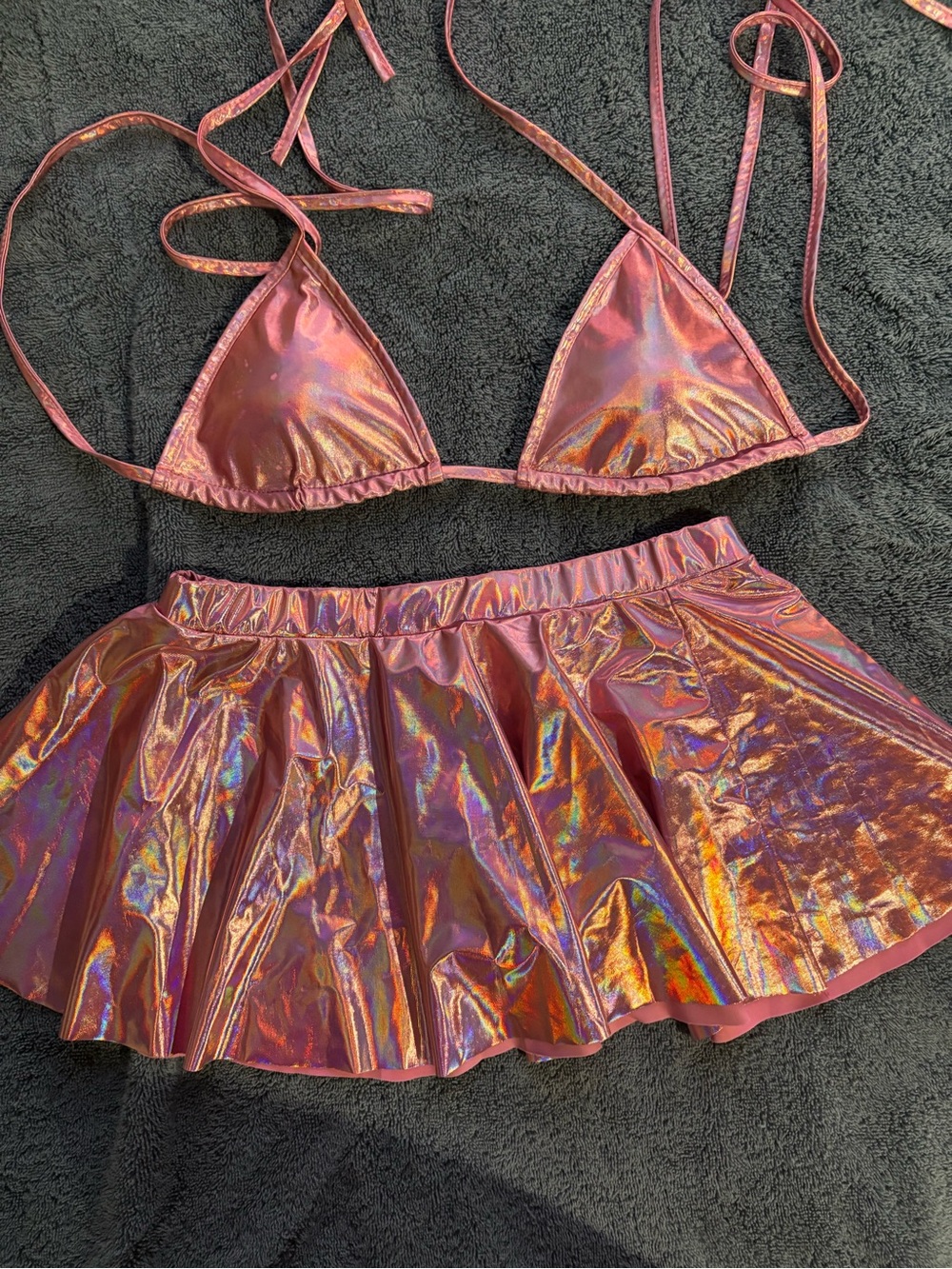 Amazon Holographic Rose Pink Triangle Bandeau Top and Skirt Set